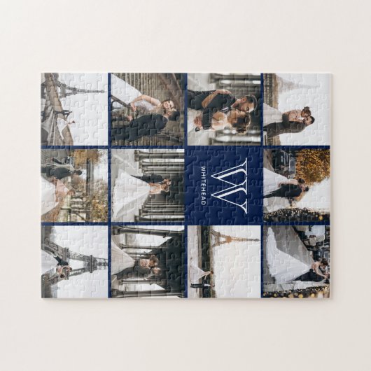 Monogram Modern 9 Foto Collage Navy Blue Puzzle (Horizontal)