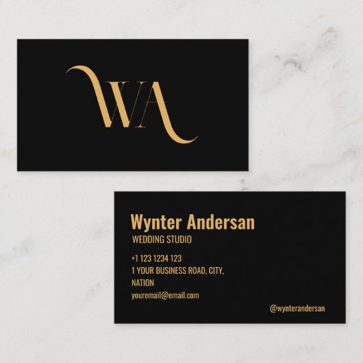Monogram Modern Black Gold Chic Minimal Custom Visitenkarte (Vorne/Hinten)