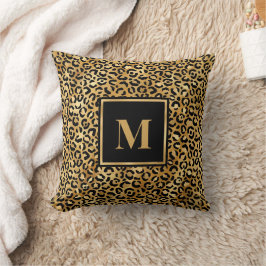 Monogram Modern Black Gold Leopard Print Kissen