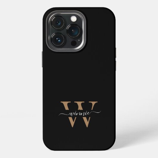 Monogram Modern Black Gold Script Name iPhone Hülle (Hinten)