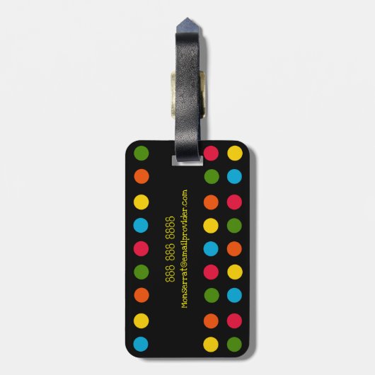 Monogram Modern Black Multicolor Polka Dot Gepäckanhänger (Rückseite vertikal)