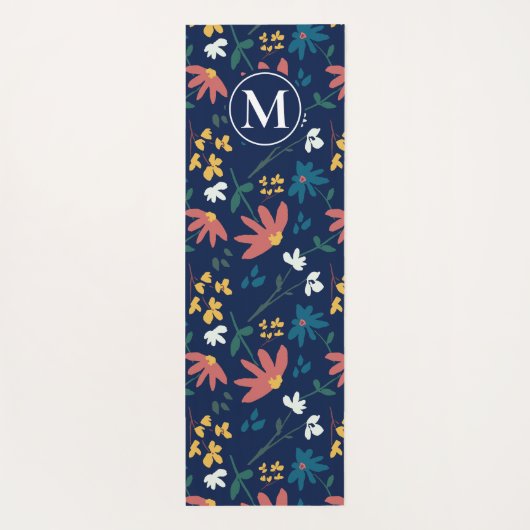 Monogram Modern Blue Boho Floral Pattern Yogamatte (Rückseite)