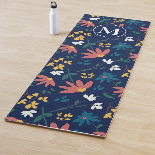 Monogram Modern Blue Boho Floral Pattern Yogamatte