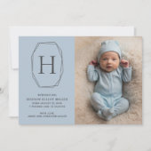 Monogram Modern Blue Card zur Geburtsankündigung Ankündigung (Vorderseite)