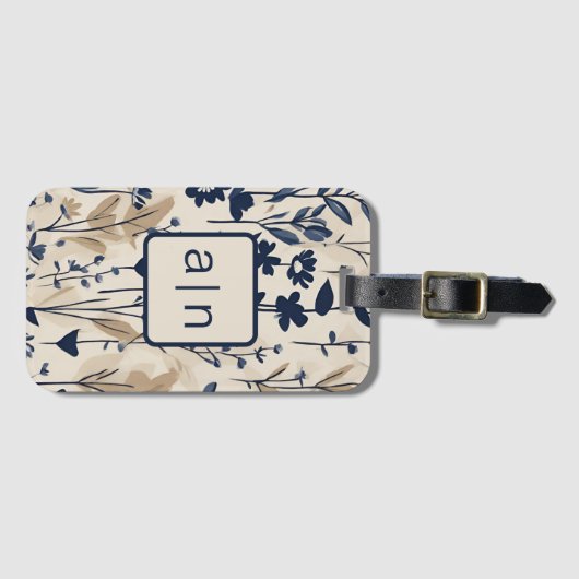 Monogram Modern Blue Floral Gepäckanhänger (Vorderseite (Horizontal))
