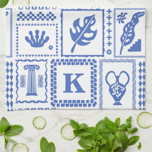 Monogram Modern Blue White Abstrakt Pattern Geschirrtuch (Gefaltet)