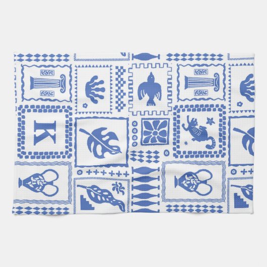 Monogram Modern Blue White Abstrakt Pattern Geschirrtuch (Horizontal)
