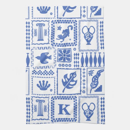 Monogram Modern Blue White Abstrakt Pattern Geschirrtuch (Vertikal)