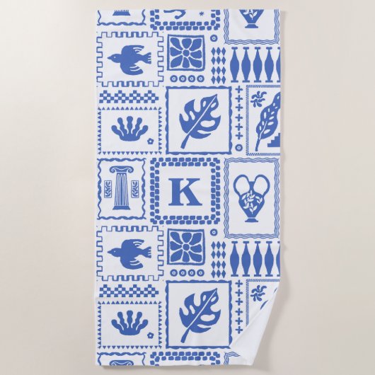 Monogram Modern Blue White Abstrakt Pattern Strandtuch (Vorderseite)
