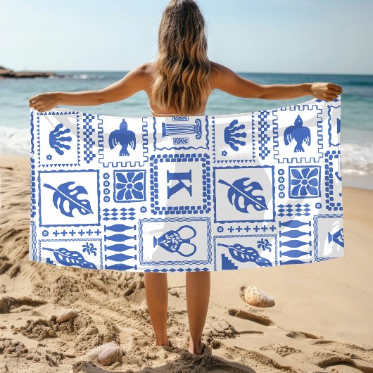 Monogram Modern Blue White Abstrakt Pattern Strandtuch