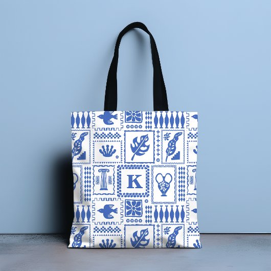 Monogram Modern Blue White Abstrakt Pattern Tasche