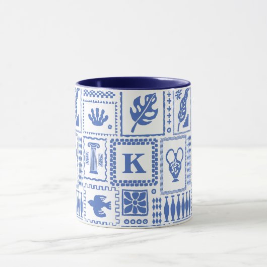 Monogram Modern Blue White Abstrakt Pattern Tasse (Zentrum)
