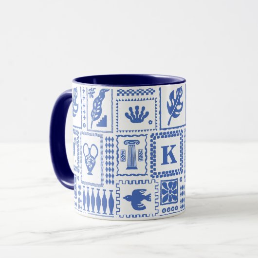Monogram Modern Blue White Abstrakt Pattern Tasse (Vorderseite Links)