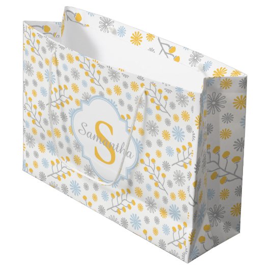 Monogram Modern Blue Yellow & Gray Gift Bag Große Geschenktüte (Vorderseite Schrägansicht)