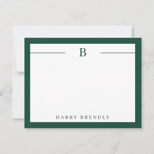 Monogram, Modern Border Green White Flat Note Card Mitteilungskarte (Vorderseite)
