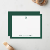 Monogram, Modern Border Green White Flat Note Card Mitteilungskarte (Vorderseite/Rückseite Beispiel)