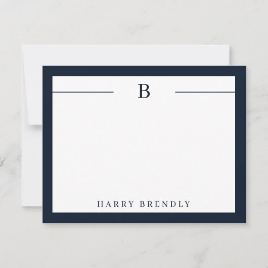 Monogram, Modern Border Navy White Flat Note Card Mitteilungskarte (Vorderseite)