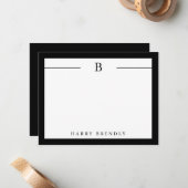 Monogram, Modern Border Schwarz-weiß Flat Note Car Mitteilungskarte (Vorderseite/Rückseite Beispiel)