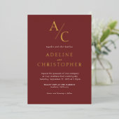 Monogram Modern Burgundy Gold Folieneinladung (Stehend vorne)
