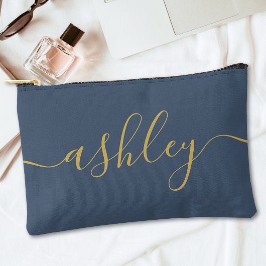Monogram Modern Calligraphy Navy Blue Gold Script Zubehörtasche