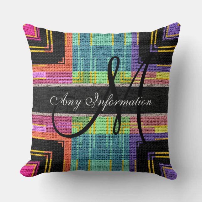 Monogram Modern Colorful Burlap Rustic Jute Kissen (Vorderseite)