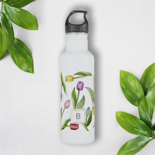 Monogram, Modern Colorful Tulip Pattern Edelstahlflasche
