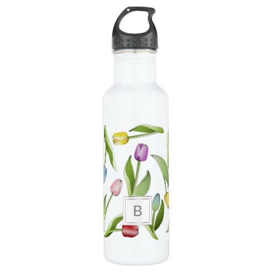 Monogram, Modern Colorful Tulip Pattern Edelstahlflasche (Vorderseite)