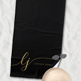 Monogram Modern Elegant Black Gold Script Initials Strandtuch