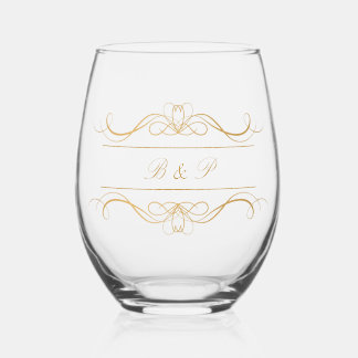 Monogram Modern Elegant Gold Swirl Wedding Weinglas Ohne Stiel