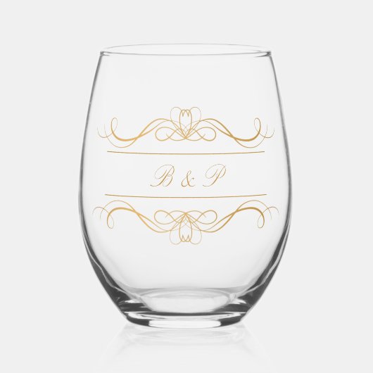 Monogram Modern Elegant Gold Swirl Wedding Weinglas Ohne Stiel (Vorderseite)