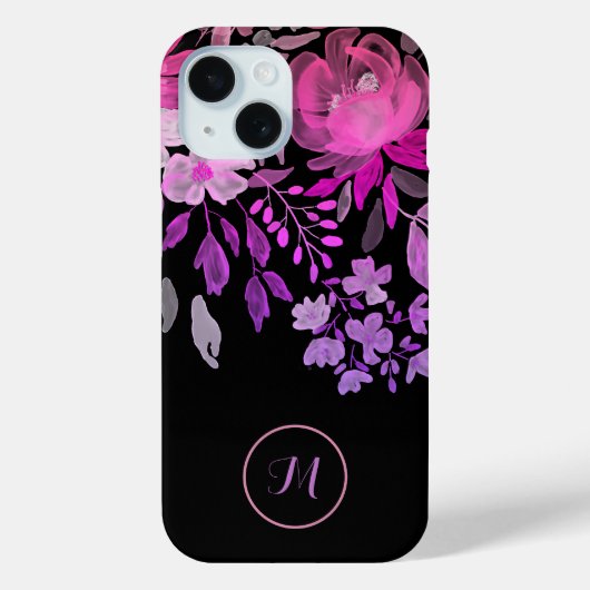 Monogram Modern Feminine Bright Pink Floral Black Case-Mate iPhone Hülle (Rückseite)