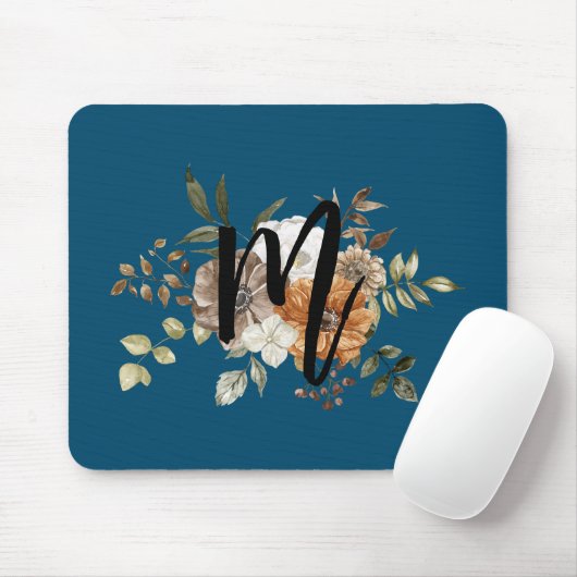 Monogram Modern floral Initial Navy Blau Mousepad (Mit Mouse)