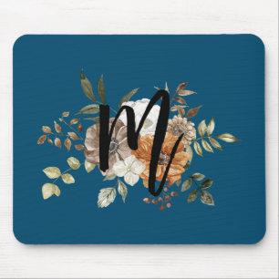 Monogram Modern floral Initial Navy Blau Mousepad