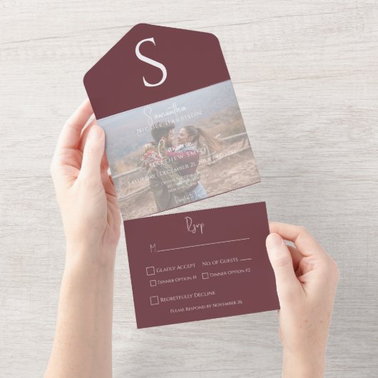Monogram Modern Foto Burgundy Weinessen All In One Einladung (Abreißen)