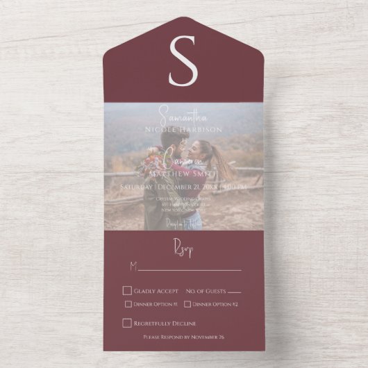 Monogram Modern Foto Burgundy Weinessen All In One Einladung (Innen Boden)