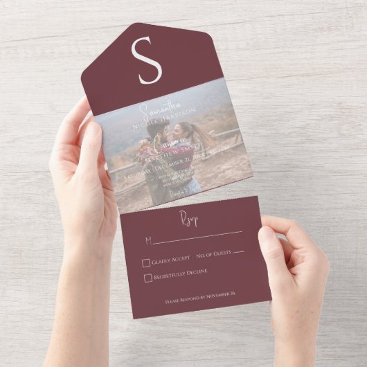 Monogram Modern Foto Burgundy Wine No Dinner All In One Einladung (Abreißen)