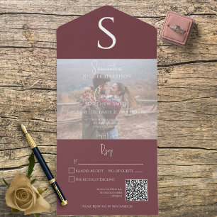 Monogram Modern Foto Burgundy Wine QR Code All In One Einladung