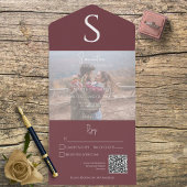 Monogram Modern Foto Burgundy Wine QR Code All In One Einladung
