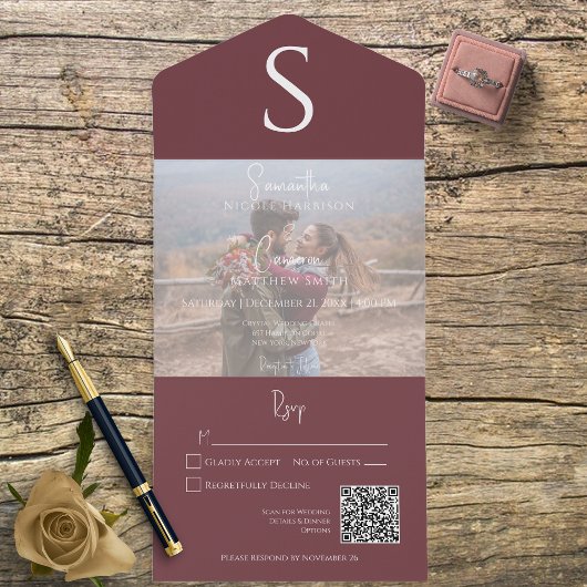 Monogram Modern Foto Burgundy Wine QR Code All In One Einladung