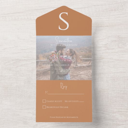 Monogram Modern Foto Burnt Orange No Dinner All In One Einladung (Innen Boden)