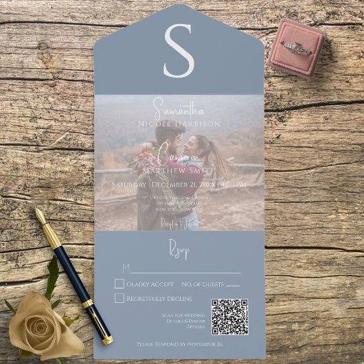 Monogram Modern Foto Dusty Blue QR Code All In One Einladung