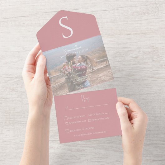 Monogram Modern Foto Dusty Pink Dinner All In One Einladung (Abreißen)