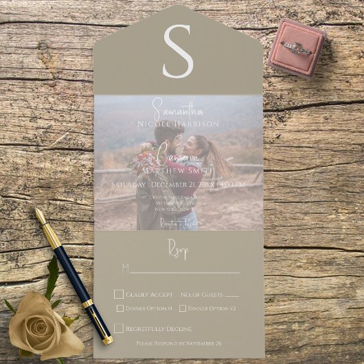 Monogram Modern Foto Khaki Tan Dinner All In One Einladung