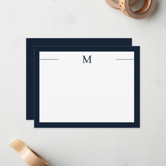 Monogram, Modern Frame Navy White Flat Note Card Mitteilungskarte (Vorderseite/Rückseite Beispiel)