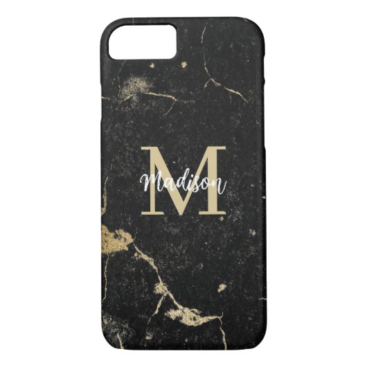Monogram Modern Gold Black Marble Case-Mate iPhone Hülle (Rückseite)