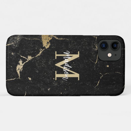 Monogram Modern Gold Black Marble Case-Mate iPhone Hülle (Rückseite (Horizontal))