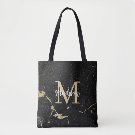 Monogram Modern Gold Black Marble Tasche (Vorderseite)