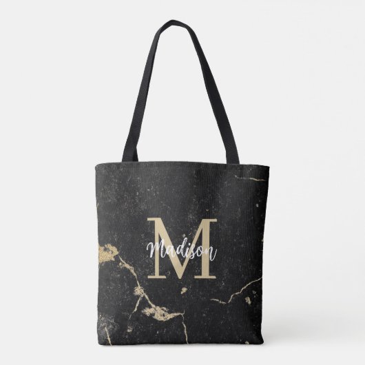 Monogram Modern Gold Black Marble Tasche (Rückseite)