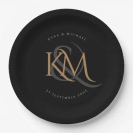 Monogram Modern Gold Script Black Elegante Hochzei Pappteller