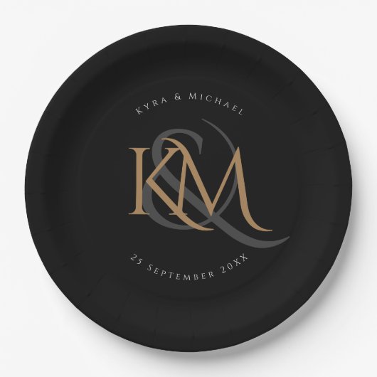 Monogram Modern Gold Script Black Elegante Hochzei Pappteller (Vorderseite)